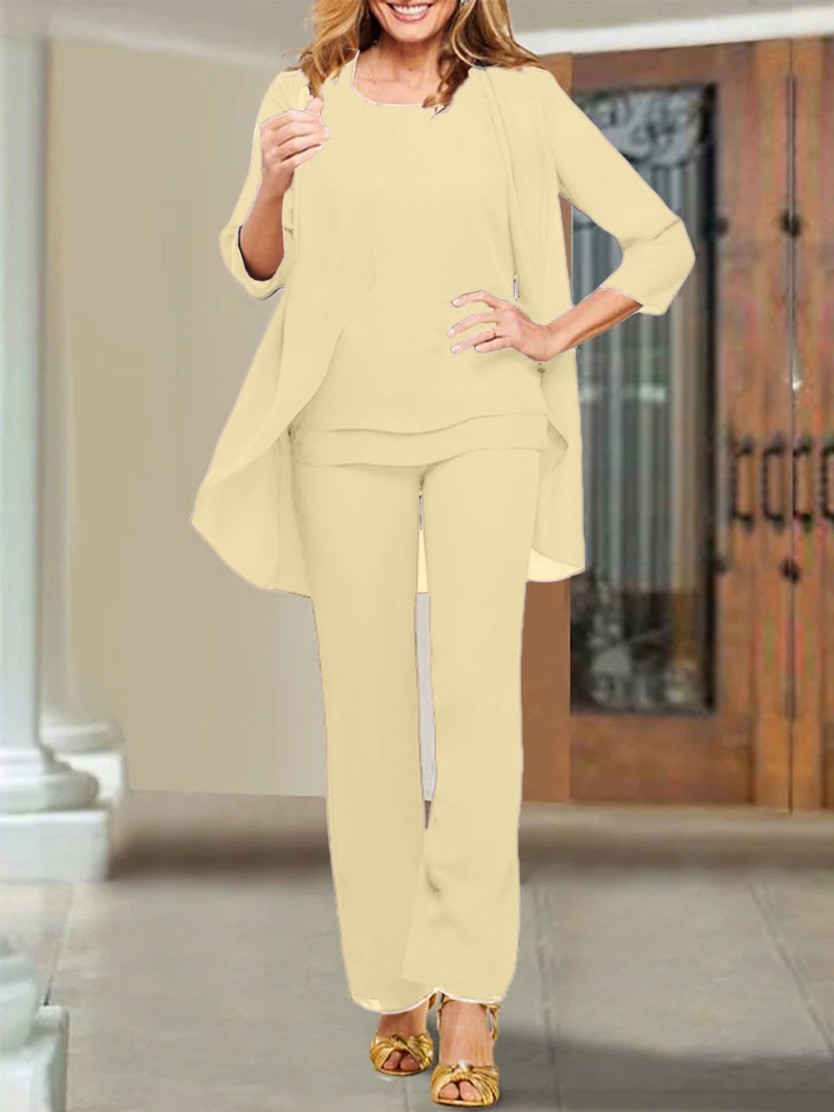 Mother of the Bride Scoop Neck Chiffon Pantsuits
