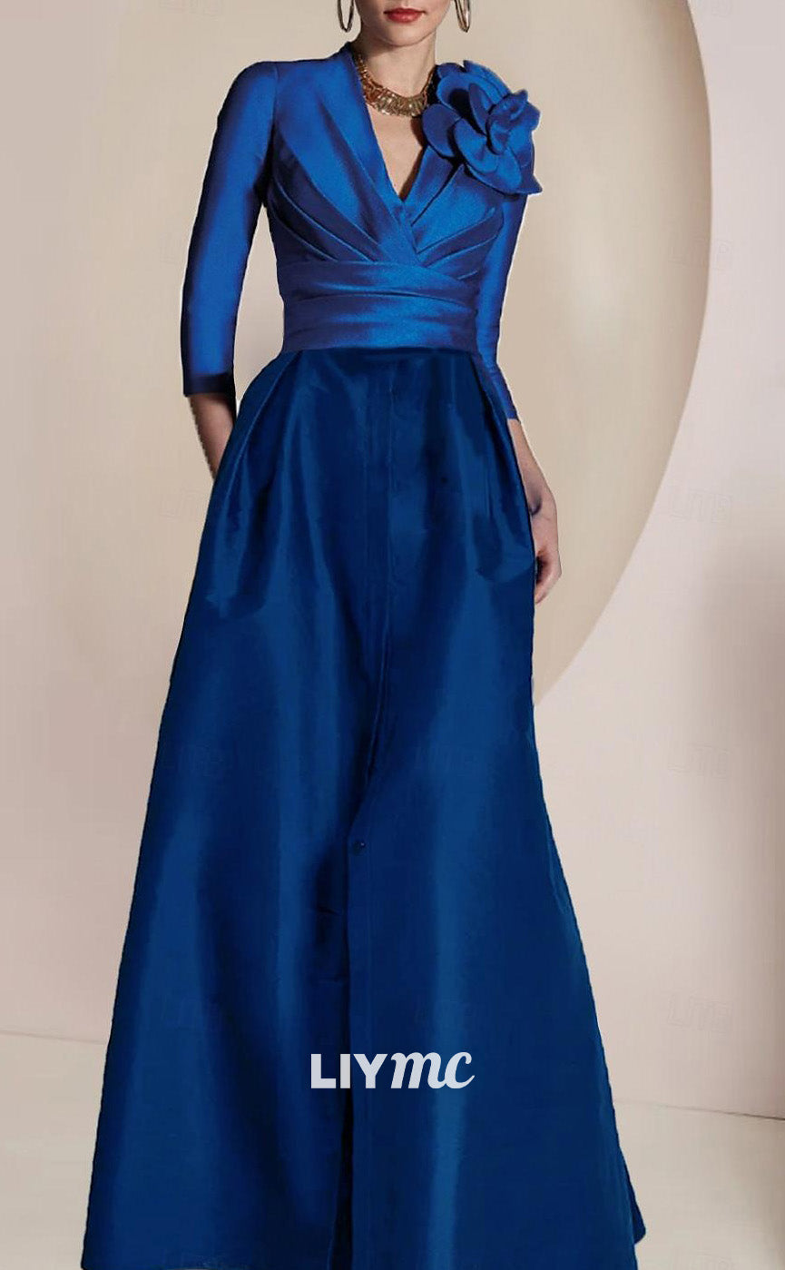 M1051 - Mother of the Bride Dress Elegant Vintage Party Jewel Neck V Neck Floor Length Chiffon 34 Length Sleeve