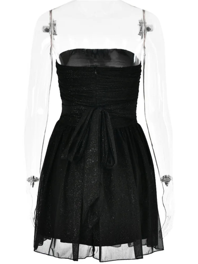 Elegant Strapless Pleated Sequins Lace Dress