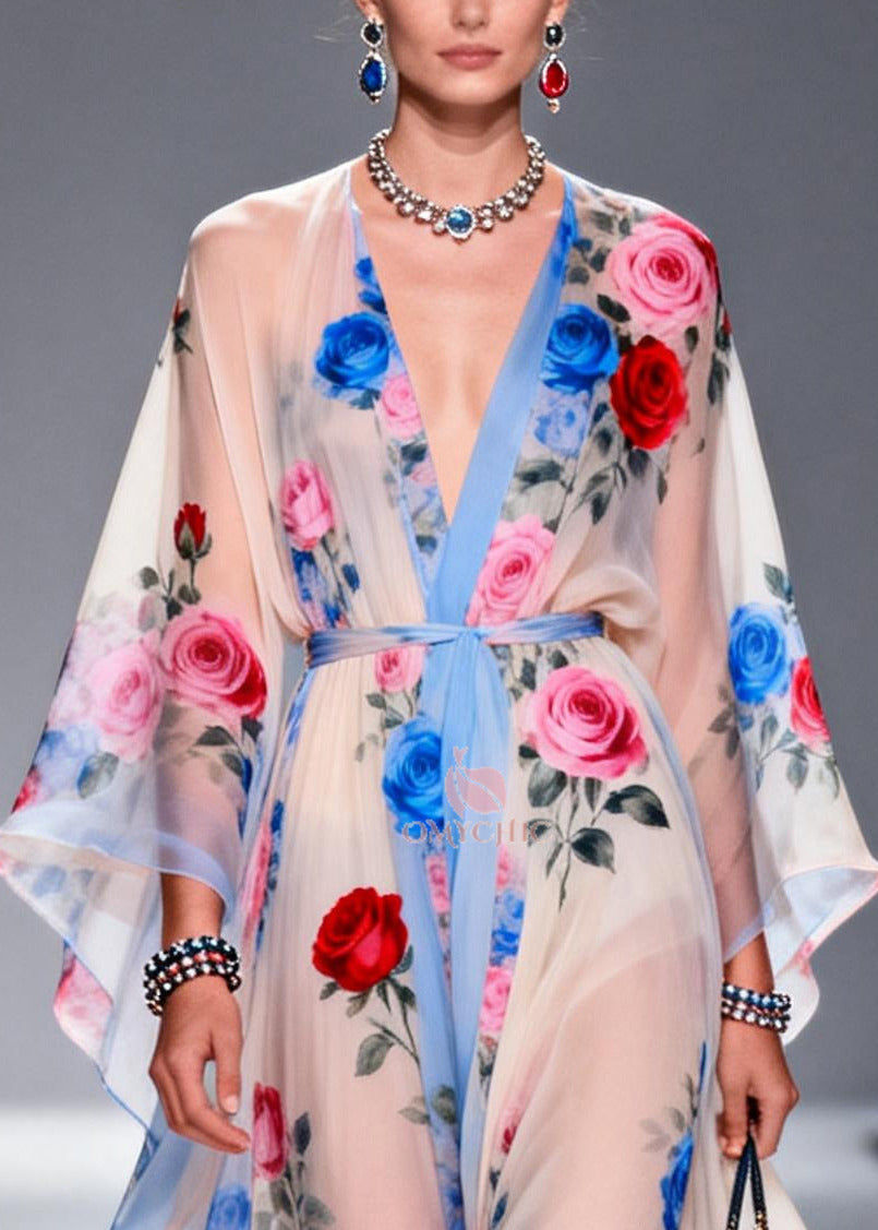 Multicolored Floral Print Chiffon Maxi Dress Tie Waist Summer