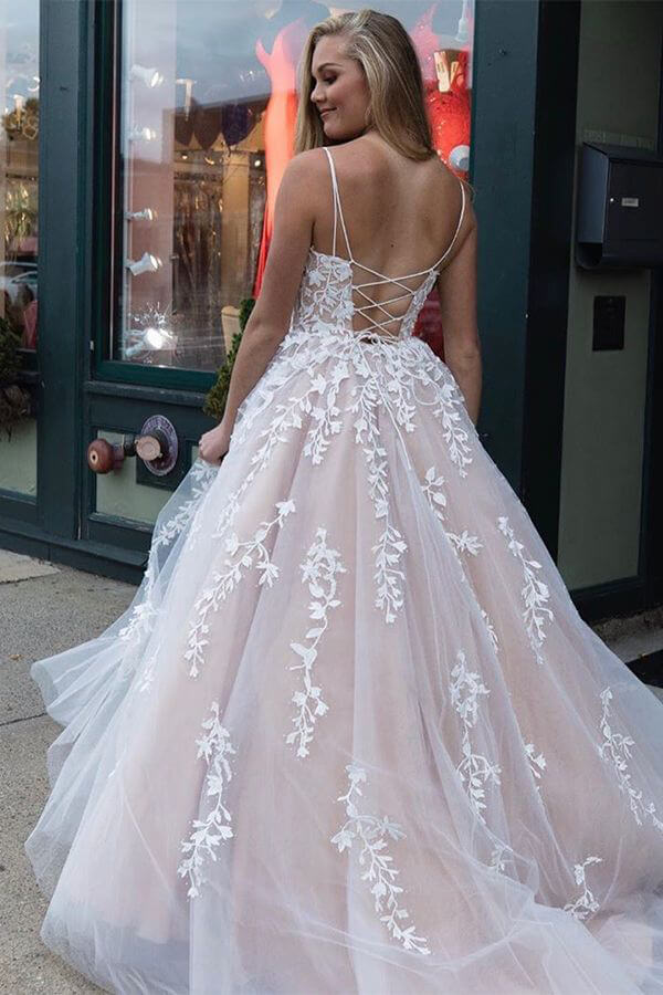Yellow Tulle Spaghetti Straps Scoop A-Line Prom Dresses with Appliques - View 8 | VelvetHem