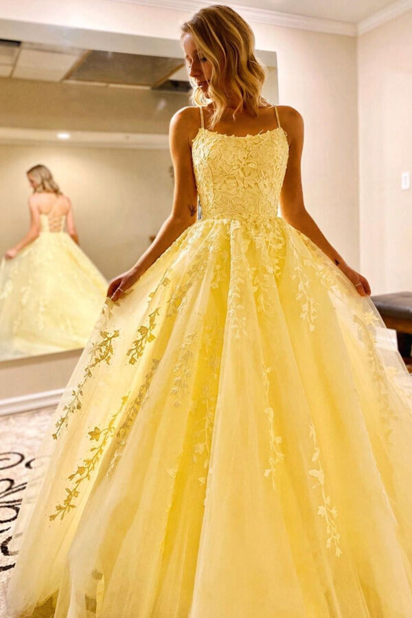 Yellow Tulle Spaghetti Straps Scoop A-Line Prom Dresses with Appliques - View 3 | VelvetHem