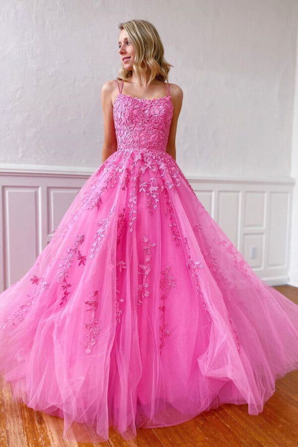 Yellow Tulle Spaghetti Straps Scoop A-Line Prom Dresses with Appliques - View 9 | VelvetHem