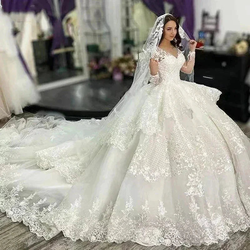 Muslim Wedding Dresses Women's Elegant A-line Arab Bridal Gowns Lace Applique Robe Luxury Princess Layered Group 2023 De Mariée (ZD14131)