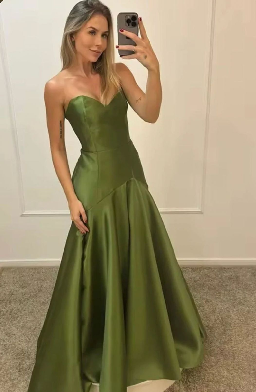 Charming Sweetheart Neck Olive Green Satin Mermaid Long Party Dress Birthday Outfits - FashionDia