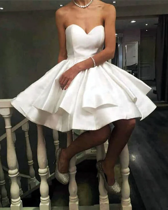 White Satin Sweetheart Ruffles Homecoming Dress