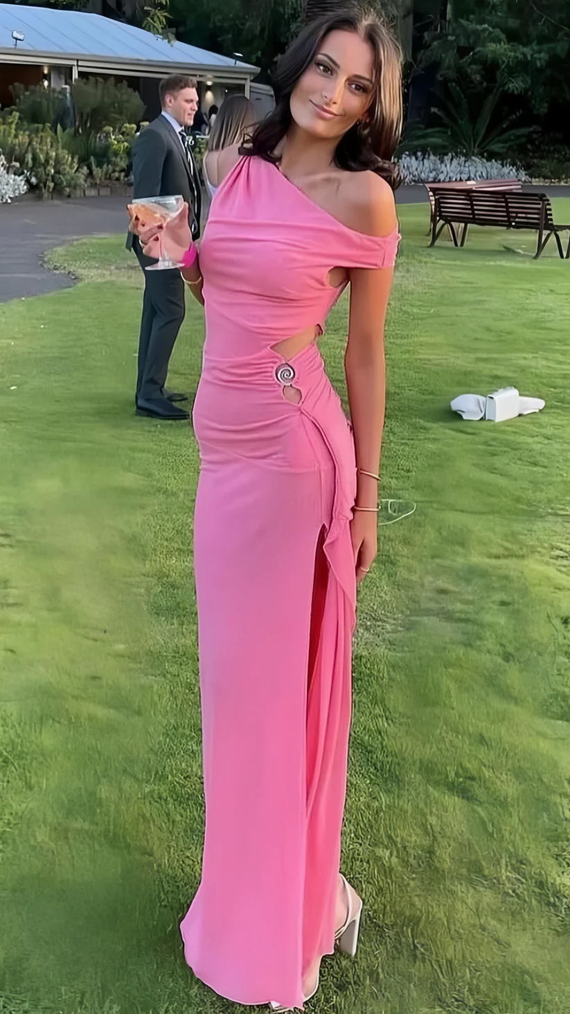 Unique Pink Sheath Long Slit Evening Dress,Formal Prom Dress