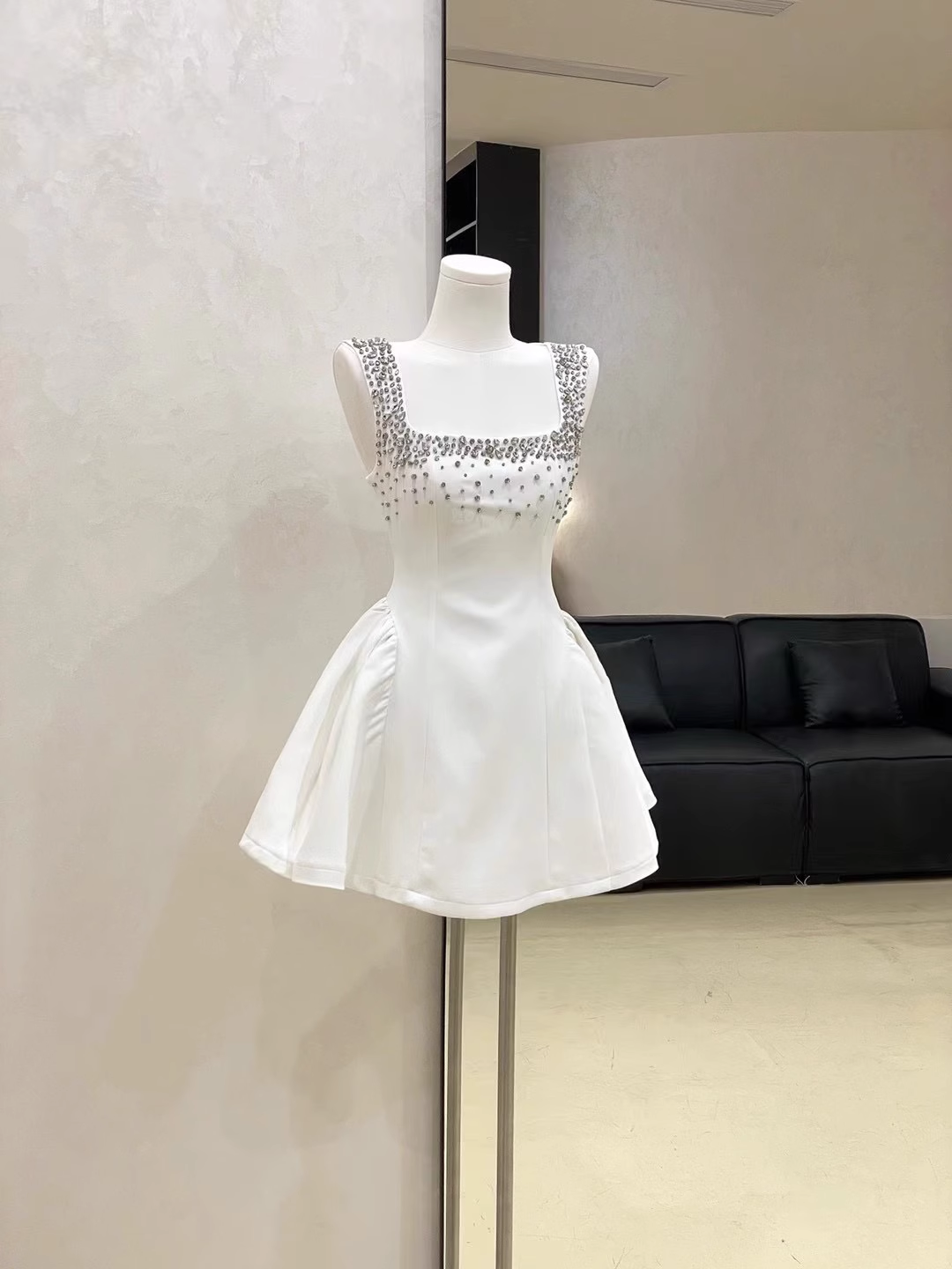 Sexy White Satin Beaded Square Neck A-Line Birthday Outfits Vacation Dress - View 2 | FashionDia
