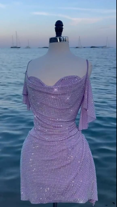 Elegant Spaghetti Straps Lavender Chiffon Beaded Formal Homecoming Dress Short Prom Dress Cocktail Dress - FashionDia
