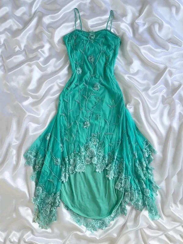 Classy Green Chiffon Lace Appliques Mermaid Prom Dress Long Party Dress - FashionDia