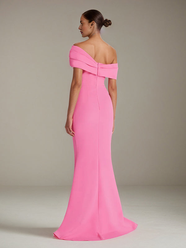 Hot Pink Stretch Crepe Off The Shoulder Sleeveless Floor Length Mermaid Formal Dress