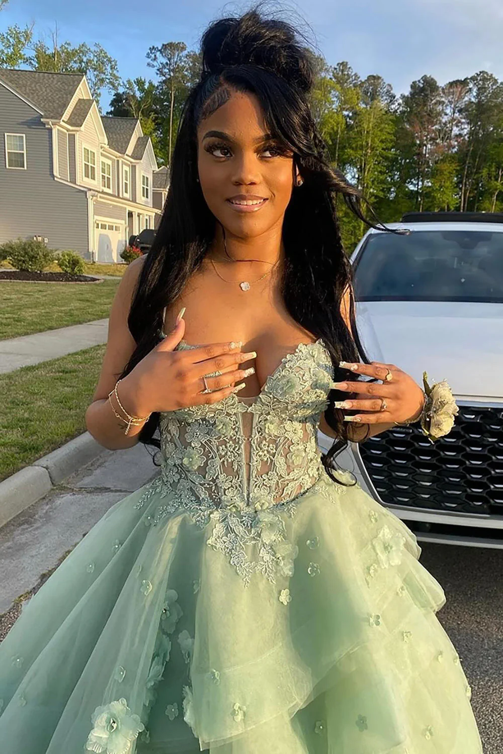 Charming Light Green Tulle Appliques Long Evening Dress Birthday Party Dress