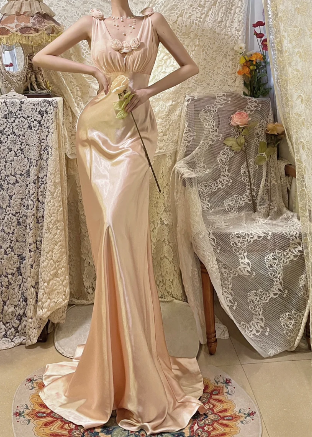 Pretty Pink V-Neck Satin Mermaid Long Wedding Guest Dress Formal Birthday Prom Dress Party Gown - FashionDia