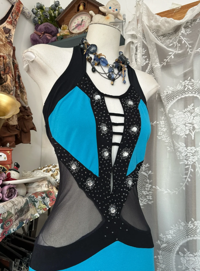 Vintage Halter Blue Satin Beaded Mermaid Prom Dress Long Evening Dress