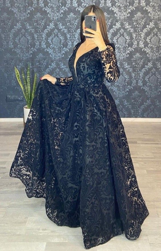 V-Neck Long Sleeve Prom Dresses, Black Long Prom Dress