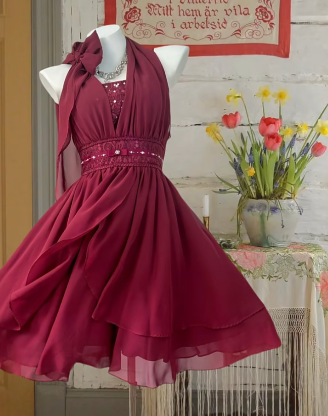 Pretty Burgundy Halter Chiffon A Line Short Graduation Homecoming Dress Cocktail Dress D652