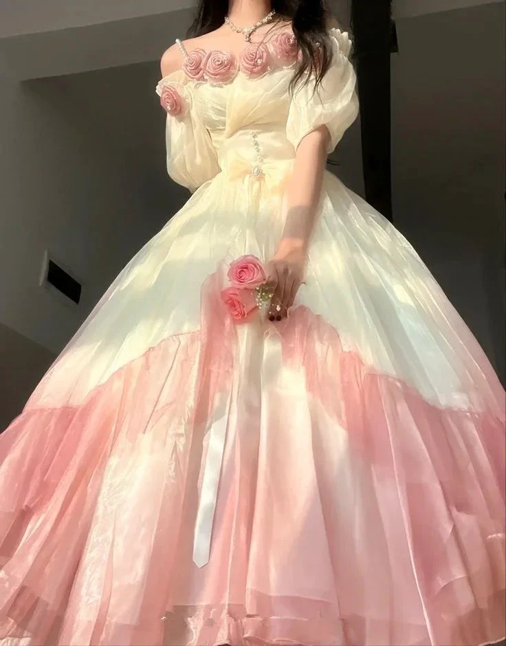 Roses Flowers Masquerade Prom Dress Champagne Pink Gradient Floral Wedding Dress Vintage Princess Dress with Pearls Y2401 by simplepromdress