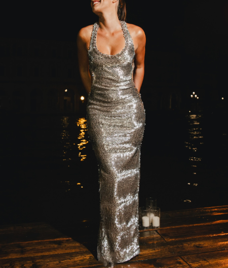 Gorgeous Halter Sequin Beaded Long Evening Dress Backless Slit Party Gown