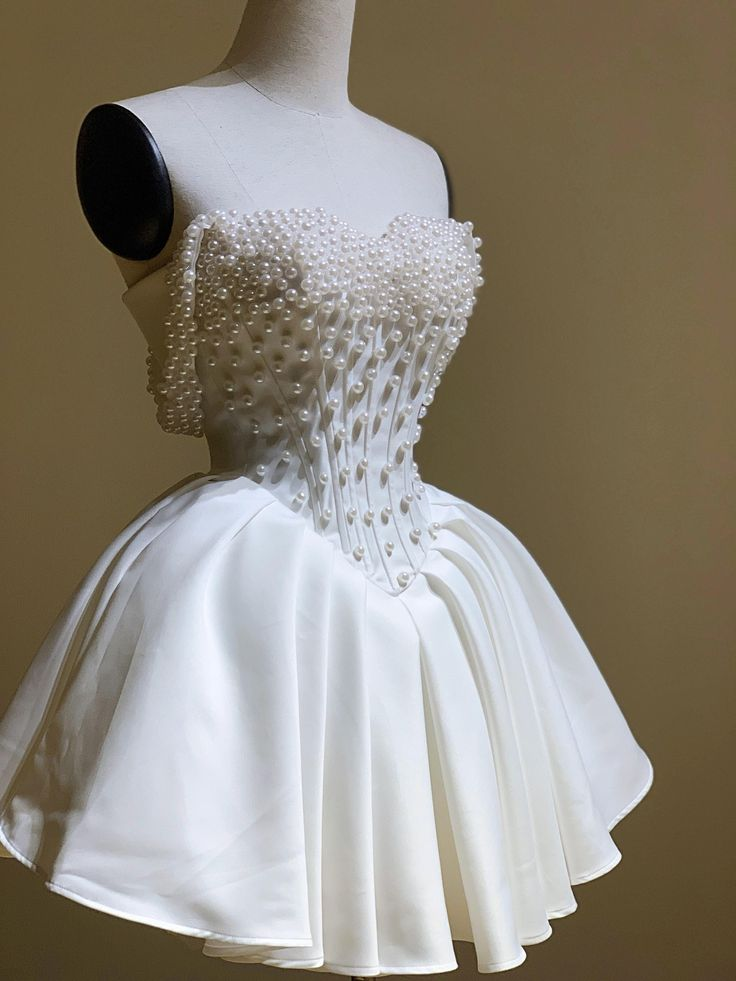 Classy Off The Shoulder Pearl Beaded Short Prom Dress White Formal Graduation Homecoming Dress D027