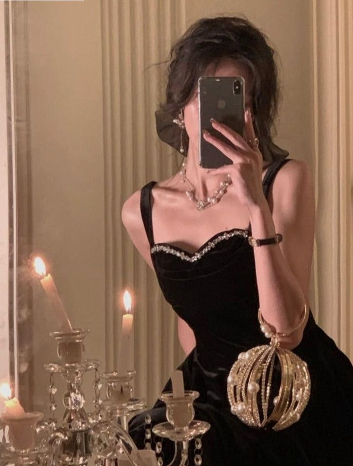 Vintage Black Velvet A Line Party Dress Long Elegant Evening Gown Prom Dress
