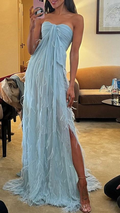 Classy Sweetheart Neck Blue Chiffon Feathers Mermaid Slit Long Party Dress Prom Dresses - FashionDia