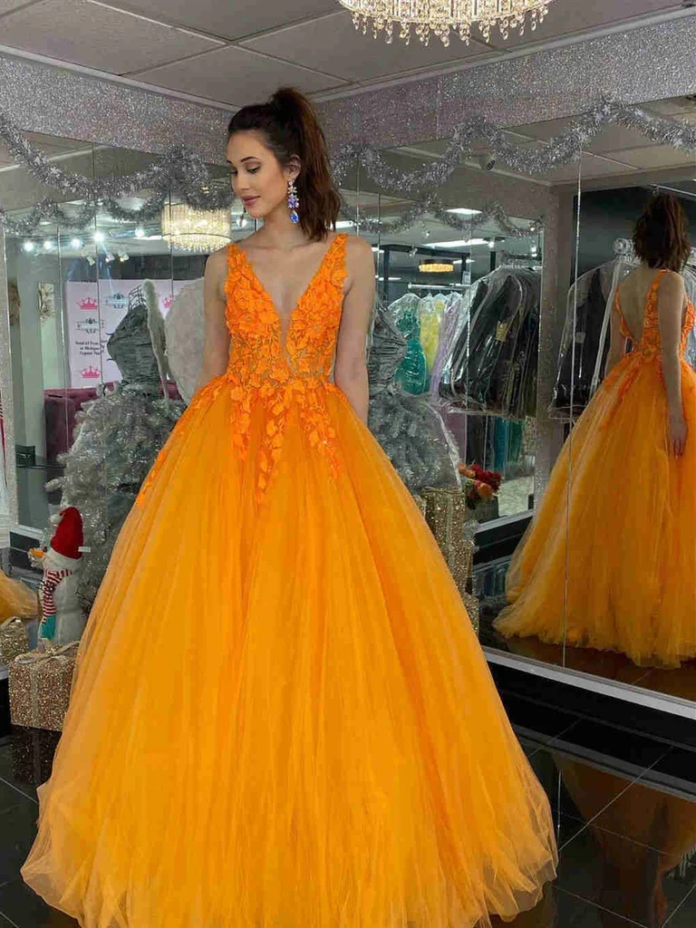 Elegant v-neck orange prom dress with appliques  C984