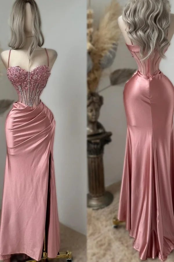 Pretty Pink Sweetheart Spaghetti-Straps Appliques Beaded Split Evening Dress Mermaid Prom Dress Y8056 - VelvetHem
