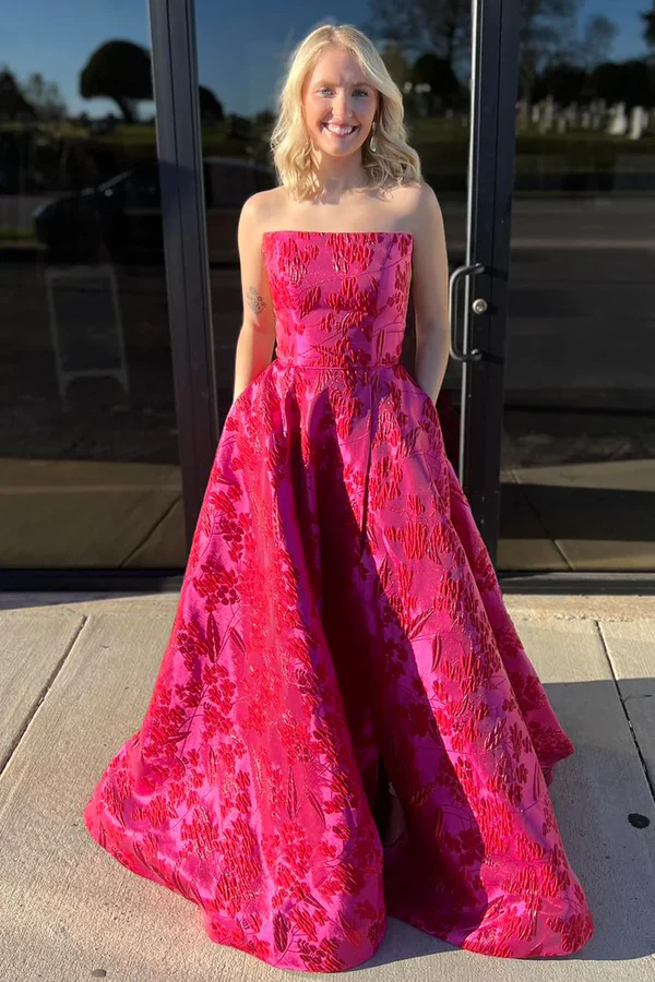 Unique Sweetheart Jacquard Satin Long Prom Dress With Pockets