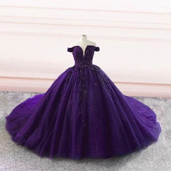 Purple tulle ball gown off the shoulder wedding dresses Y4310 by simplepromdress