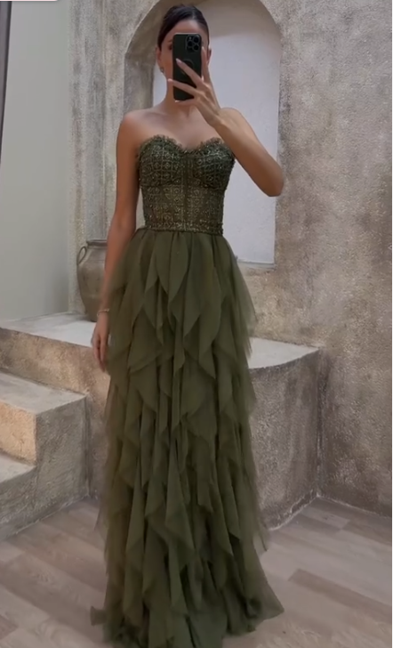 Gorgeous Green Tulle Beaded Long A Line Evening Dress Strapless Prom Dress Y8197 - VelvetHem