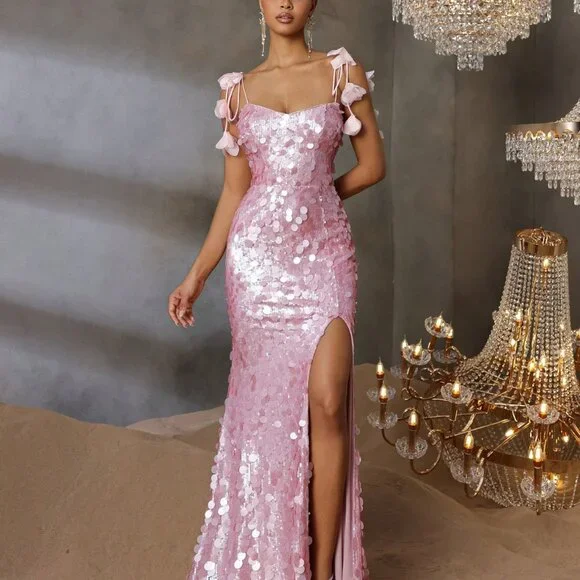 Sparkly Spaghetti Straps Pink Sequin Mermaid Slit Evening Dress Long Birthday Party Dress