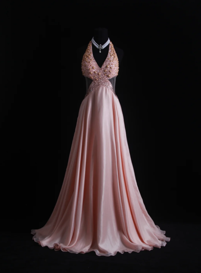 Gorgeous Pink Halter V Neck Satin Beaded Mermaid Long Party Dress Backless Evening Dress