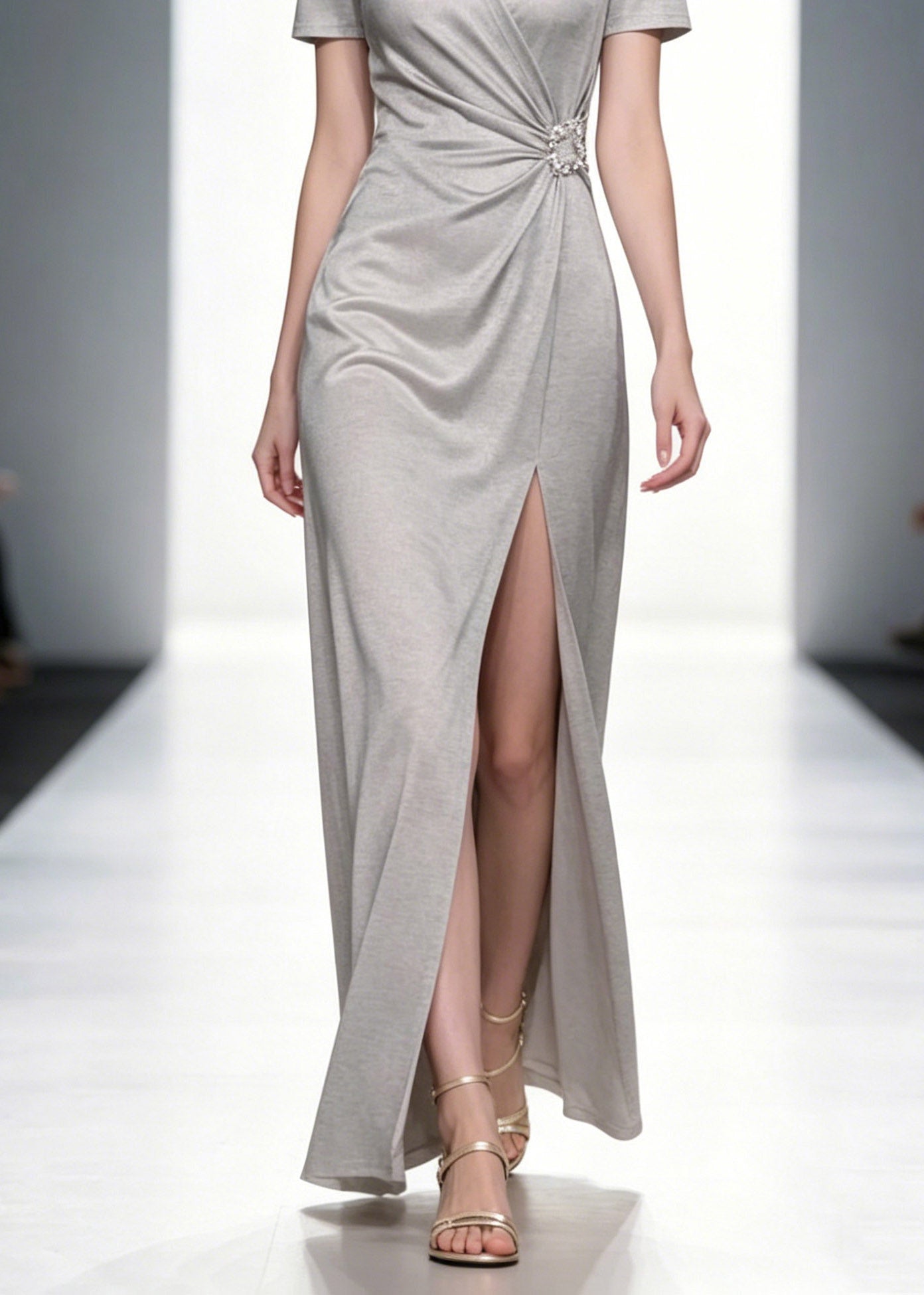 Natural Grey V Neck Wrinkled Solid Long Dresses Summer