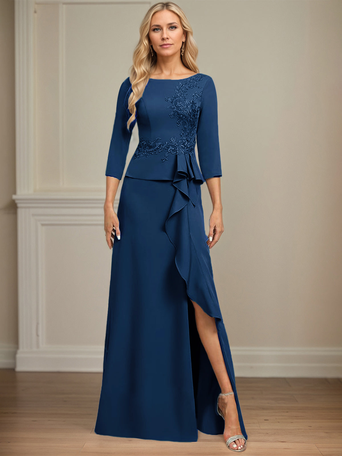 Sheath/Column Scoop Floor-Length Stretch Crepe Dress With Cascading Ruffles Appliques