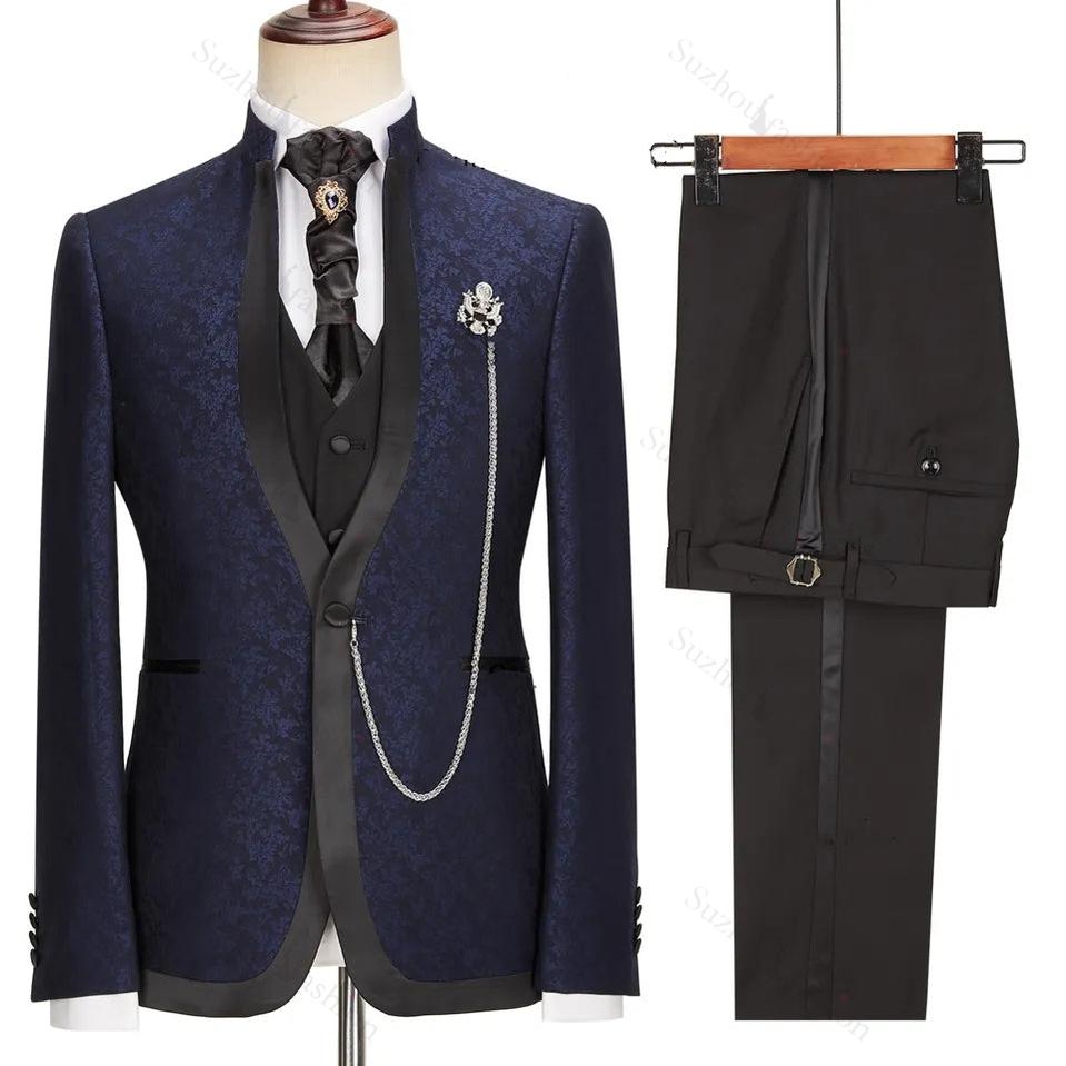 Navy Blue Jacquard Shawl Lapel 3 Piece New Arrival Wedding Suit