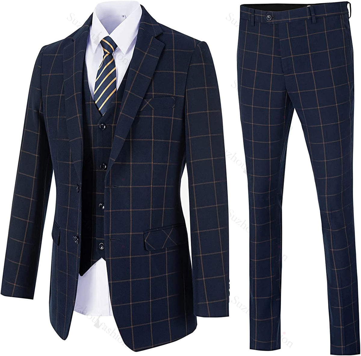 Navy Blue Notched Lapel Three Piece Business Suit for Men