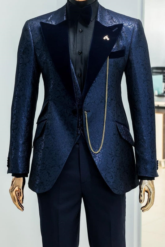 Navy Blue Peaked Lapel Jacquard 3 Piece New Arrival Prom Suit