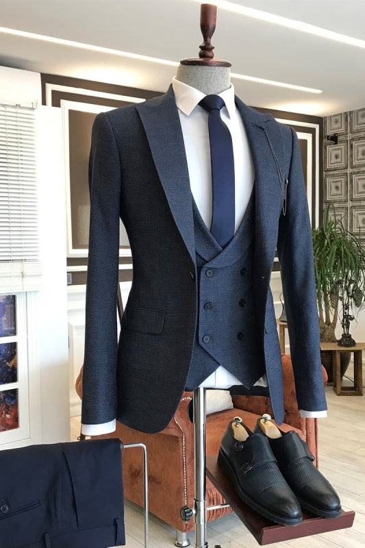 Navy Blue Three Piece Peaked Lapel Business Suit
