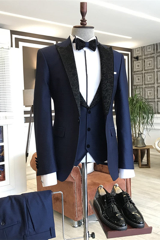 Navy Blue Three Piece Prom Suit with Black Jacquard Peaked Lapel
