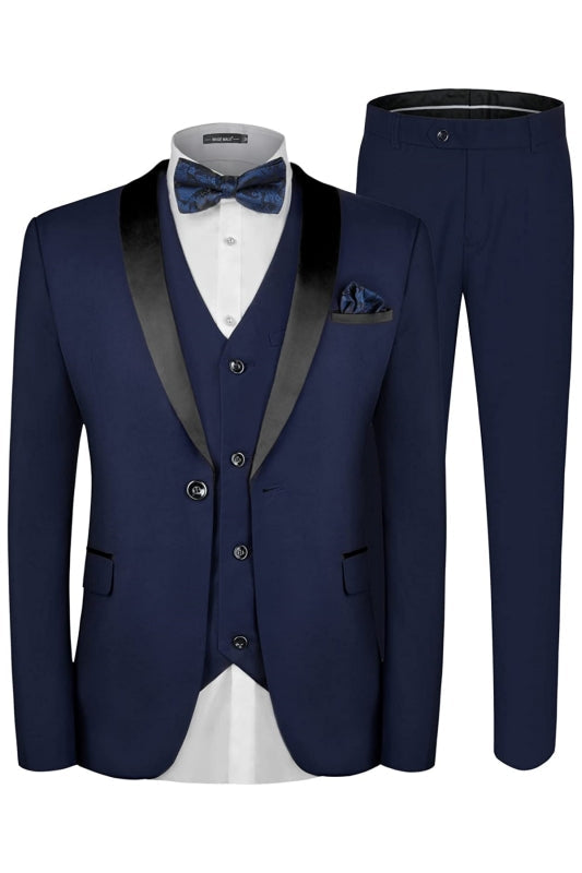 Navy Blue Three Piece Shawl Lapel Wedding Suit for Men