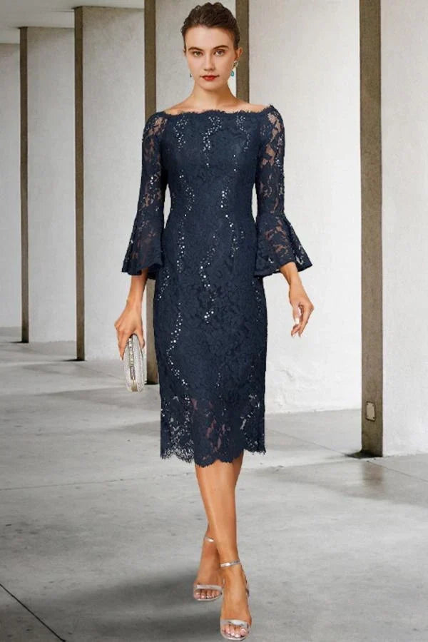 Navy Long Sleeves Mother of the Bride Dress Lace Wedding Guest Dress