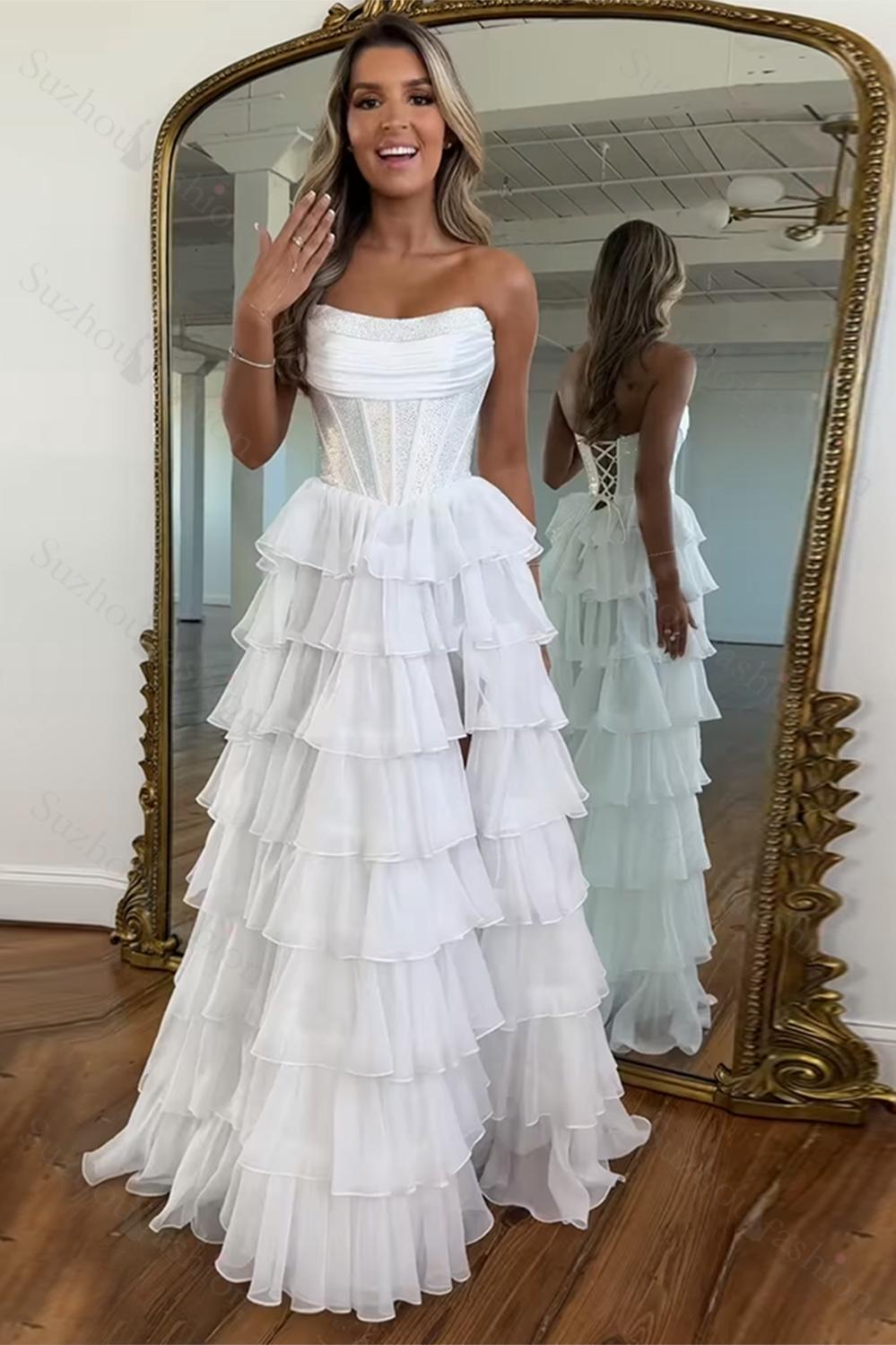 Navy Prom Dress A Line Strapless Corset Long Chiffon Formal Dress