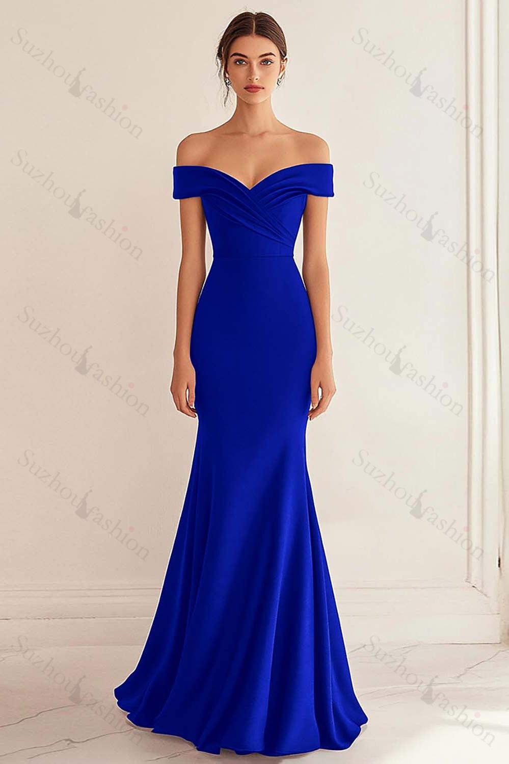 Navy Prom Dress Satin Long Off The Shoulder Mermaid Ruched Formal Dress