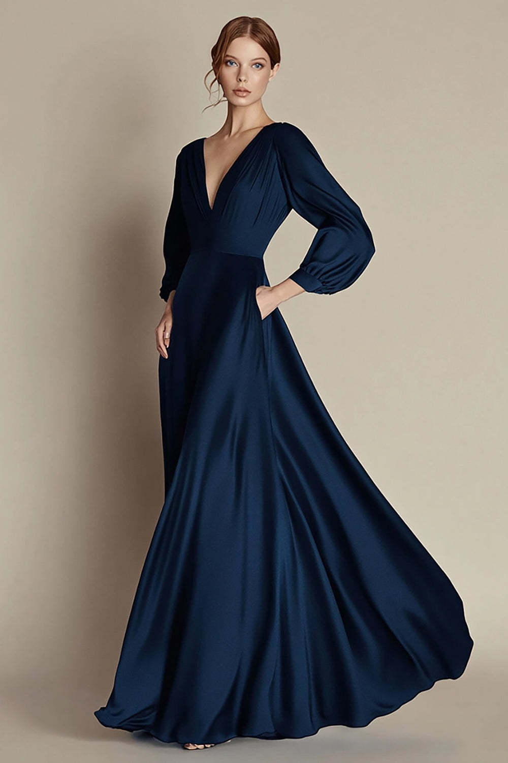 Navy Prom Dress V-Neck A Line Satin Long Formal Dress With Long Sleeves