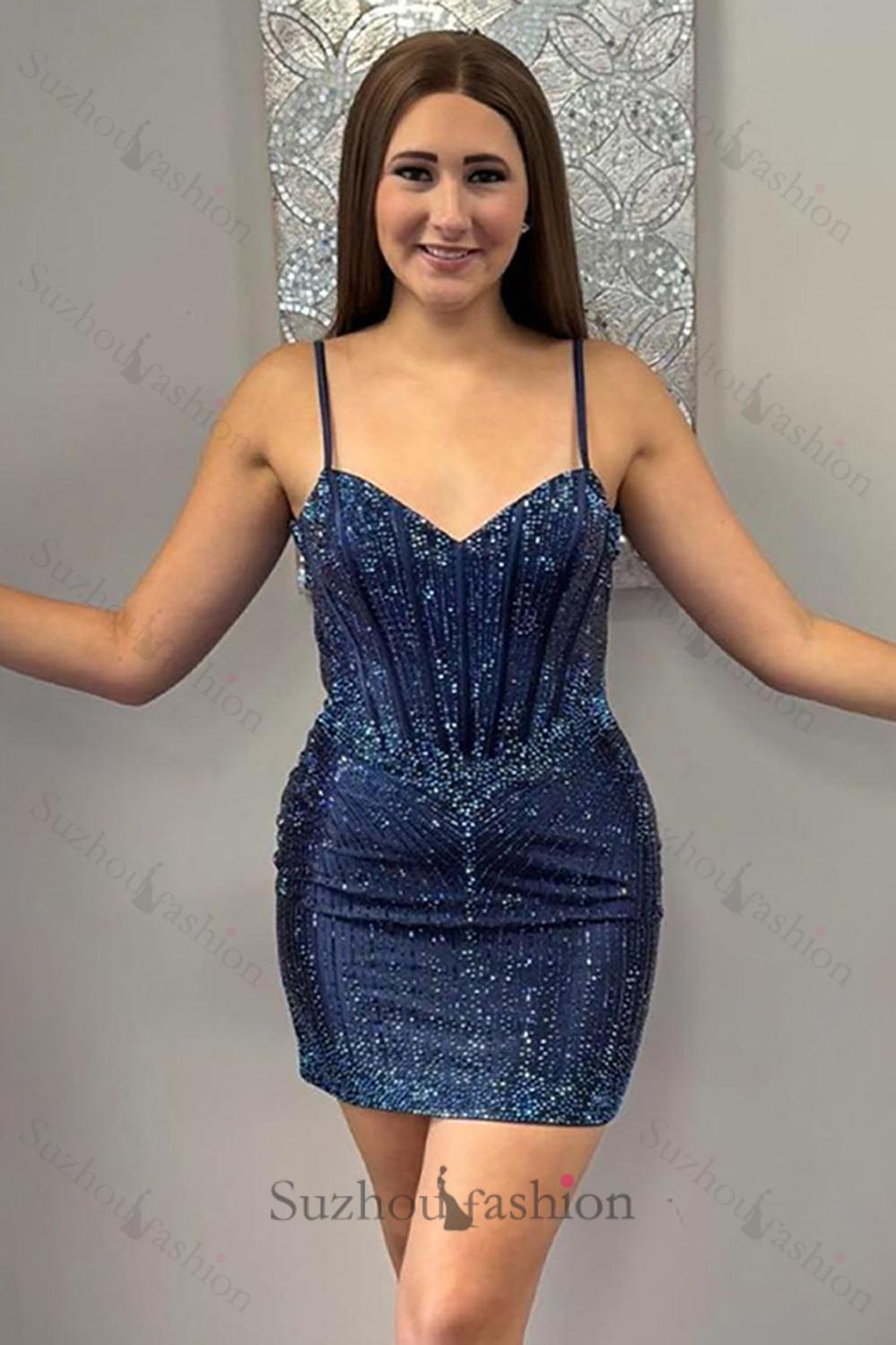 Navy Tight Homecoming Dresses Beaded Short Corset Cocktail Dresses