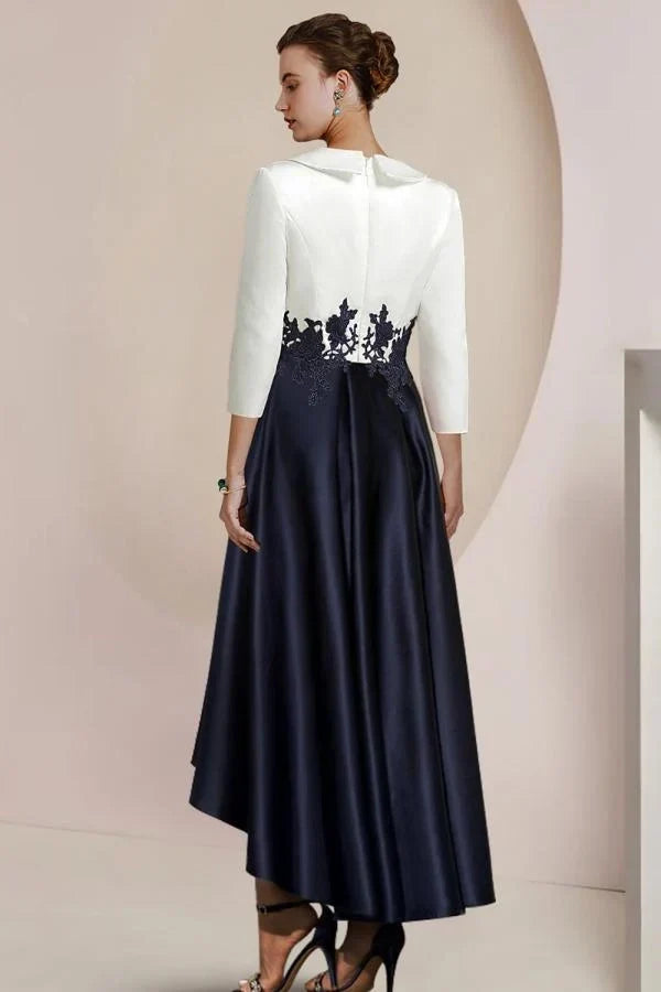 Navy and Ivory High Low Mother of the Bride Dress V Neck 3/4 Sleeve Wedding Guest Dress