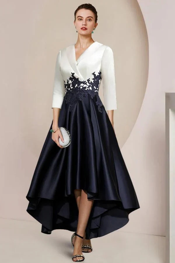 Navy and Ivory High Low Mother of the Bride Dress V Neck 3/4 Sleeve Wedding Guest Dress