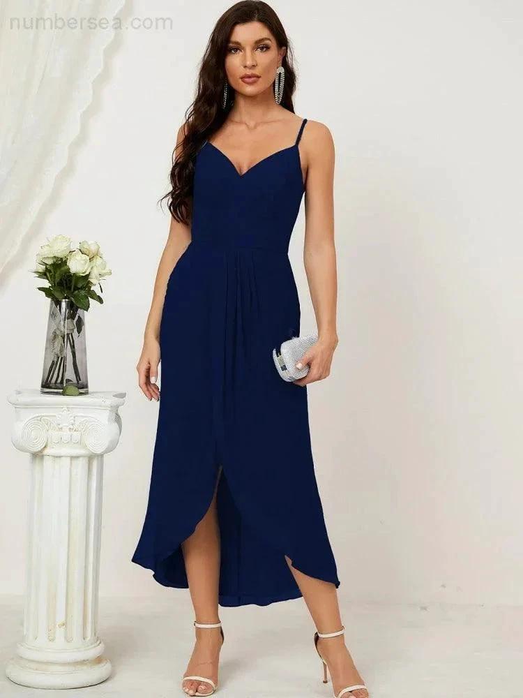 ZapDress Spaghetti Chiffon V Neck Bridesmaid Dress Mid-Length Slit Formal Prom Dress Homecoming Dress 2803 (ZD16952)