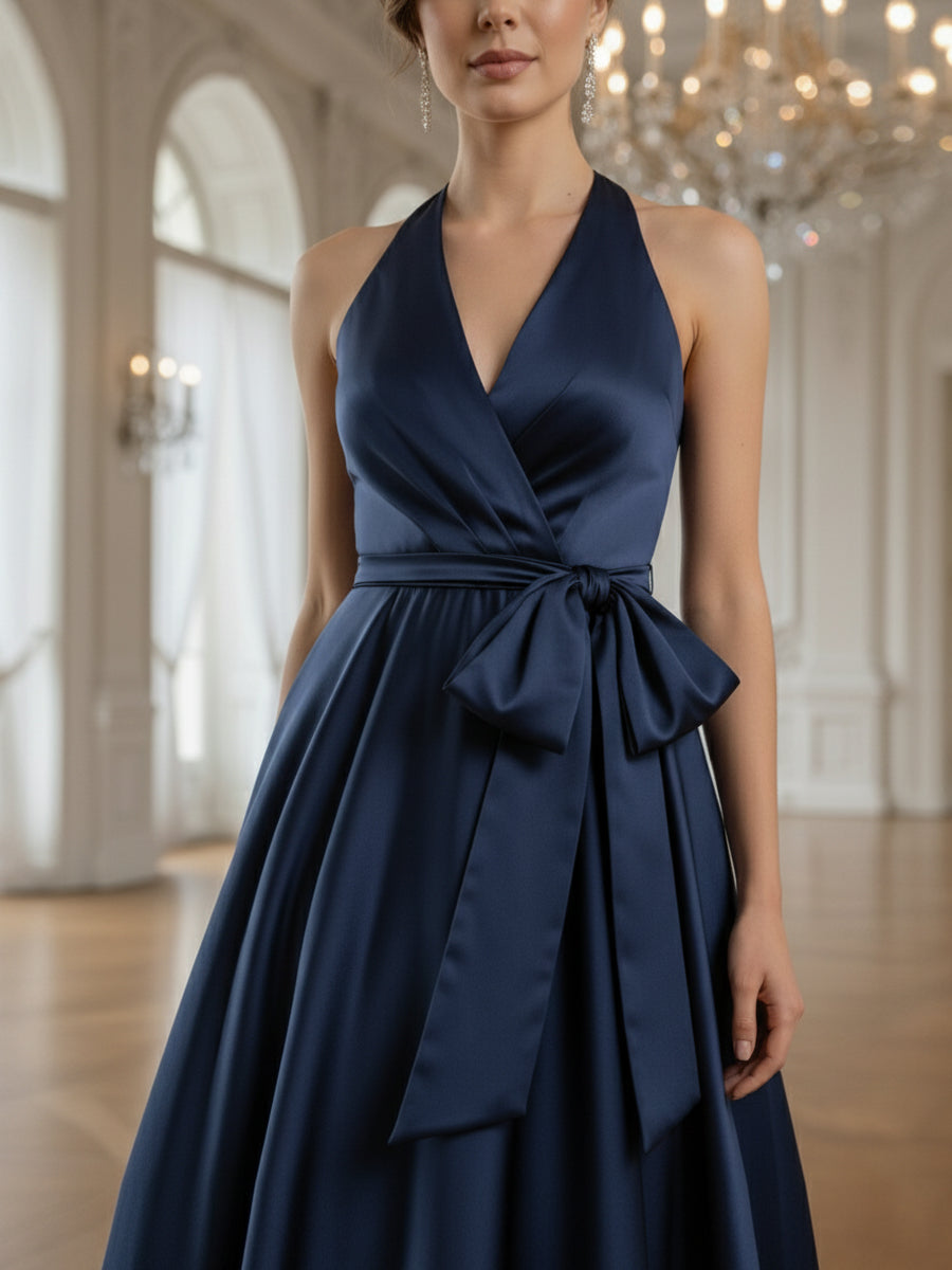 Navy Blue Satin High-Low Halter Dress with Tie-Waist