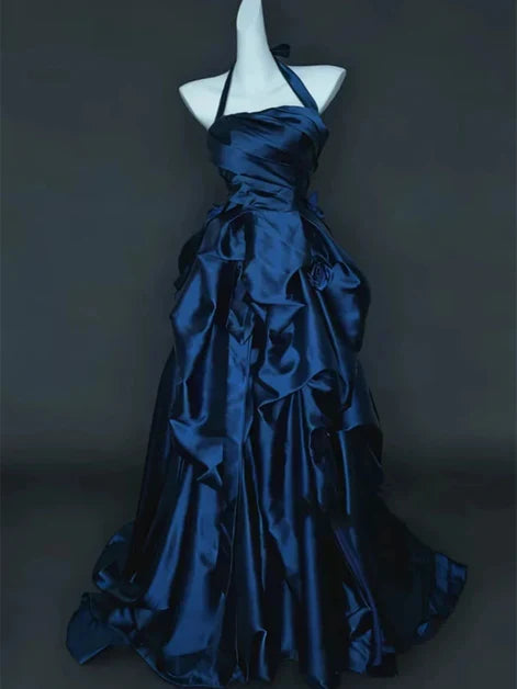 Navy Blue Taffeta Satin Prom Dress Halter Party Dress Evening Dress